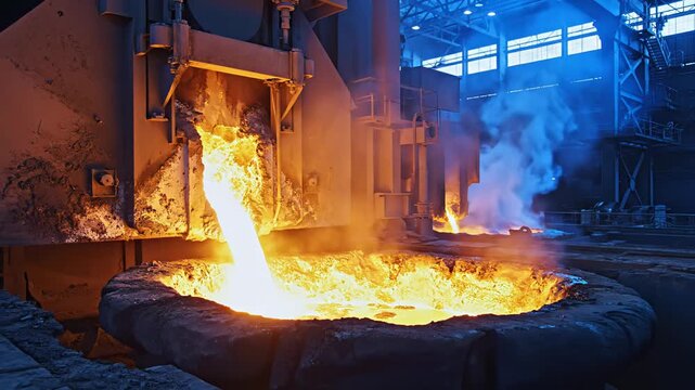 Cinematic slider shot shows molten metal pouring from large furnace. Industrial setting features bright flames and heavy machinery. Concept of manufacturing, metallurgy, foundry