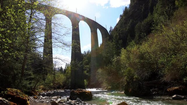 the famous landwasser train viaduct in switzerland 4k video