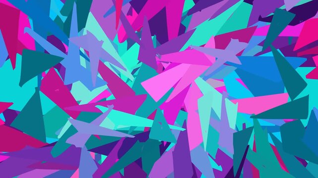 Vibrant abstract background with a dynamic burst of sharp, colorful geometric fragments creating a modern shattered mosaic pattern in pink, purple, and teal tones