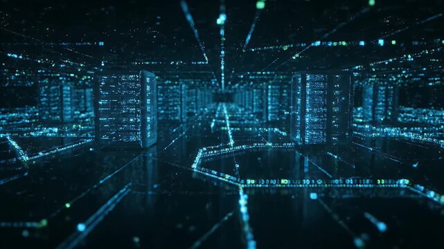 Servers Hosting Abstract Data and Network in Dimly Lit Room with Reflections Background