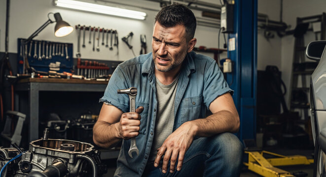Dirty auto mechanic, holding a wrench, thoughtfully examines an engine problem in a garage, embodying the challenging yet dedicated work of vehicle repair professionals