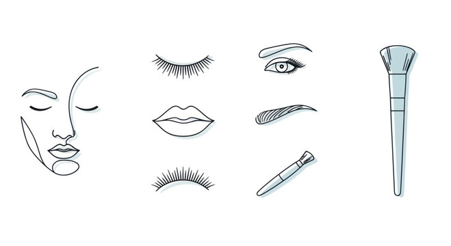 Minimalist Beauty Elements: Face Outline, Eyes, Lips, Eyebrows, Eyelashes, and Brush