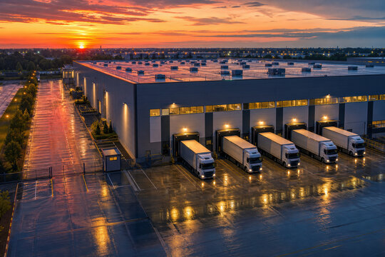 Aerial view of a modern logistics warehouse with numerous semi trucks backed into loading docks at a vibrant, colorful sunset. Busy distribution center operations.