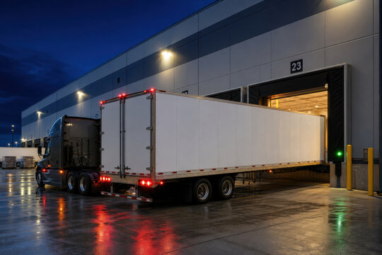 Semi truck backed to illuminated loading dock at modern distribution warehouse under dark night sky. Wet ground reflects bright facility lights.