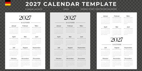 Fototapeta premium German 2027 yearly calendar template set, Monday start, 3 unique minimalist vertical layouts