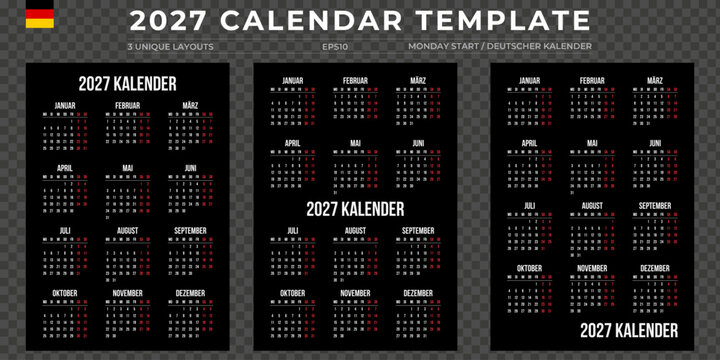 German 2027 yearly calendar template set, Monday start, 3 unique black vertical layouts