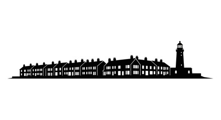 Obraz premium Coastal Town Silhouette with Lighthouse and Row Houses