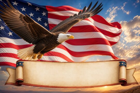 Bald eagle flying against US flag sky with blank vintage scroll banner, symbolizing historical American heritage, patriotic announcements, Independence Day greetings and national pride
