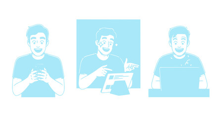 Fototapeta premium Man using smartphone, tablet with augmented reality, and laptop - modern technology usage