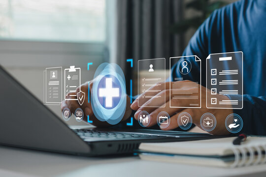 Digital healthcare technology concept. Medical records, online patient data, insurance forms, health management interface on laptop, symbolizing telemedicine, data security, modern medical services.