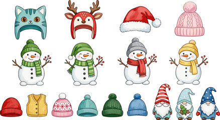Fototapeta premium Winter Hats and Snowman Vector Set with Christmas Beanies, Santa Cap, Gnome Characters and Cute Seasonal Accessories for Holiday Design