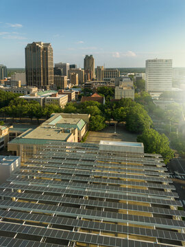 Rooftop solar panels on a downtown Raleigh, North Carolina building
