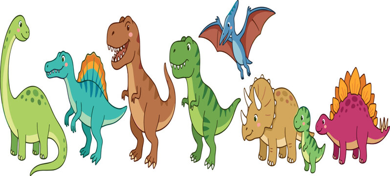 Cute Dinosaur Cartoon Collection with T Rex Triceratops Stegosaurus Pterodactyl and Long Neck Prehistoric Animals Colorful Vector Illustration Set