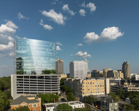 Aerial view of the downtown Raleigh NC skyline