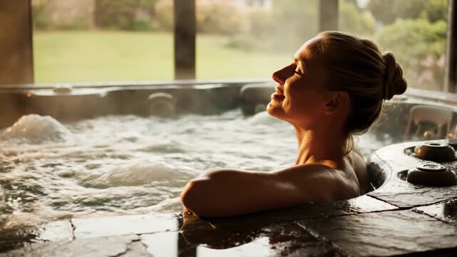 Woman relaxing in bubbling hot tub at golden hour
