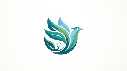 Obraz premium Abstract bird logo design integrated with green leaf elements, representing nature, environmental conservation, freedom, and organic growth on a white background