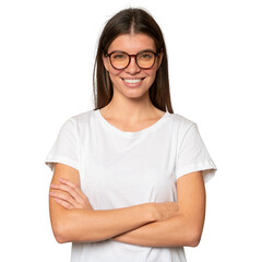 Fototapeta premium Portrait of confident student girl in white mockup t-shirt and glasses posing with crossed arms