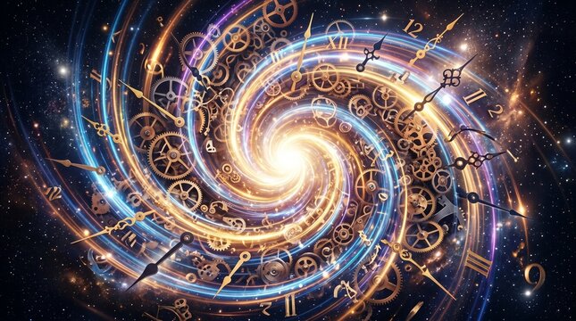 Desain langit-langit katedral tua dengan ornamen fraktal emas berbentuk spiral galaksi yang menyerupai pola jam antik di ruang angkasa dalam latar belakang lingkaran abstrak yang artistik