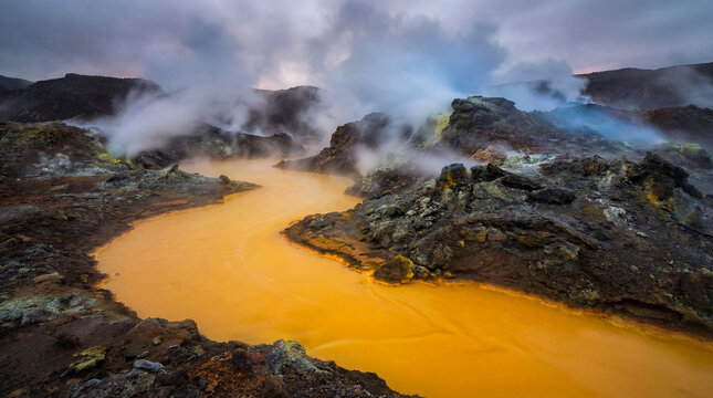 A river of liquid sulfur winding between vents of superheated gas on a volcanic landscape