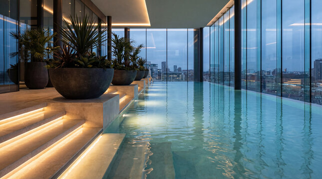 Luxe pool with clean water and ambient lighting, framed by towering glass walls in a modern setting