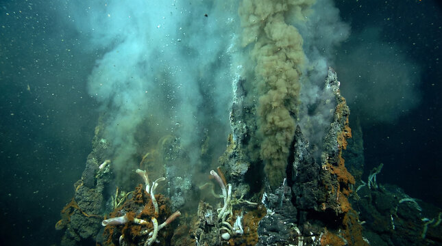Underwater volcano vent with acidic and hazy water, an intense natural phenomenon beneath the surface