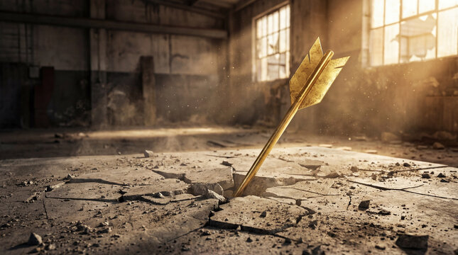 Golden arrow rising from a cracked concrete floor, symbolizing resilience and success overcoming adversity