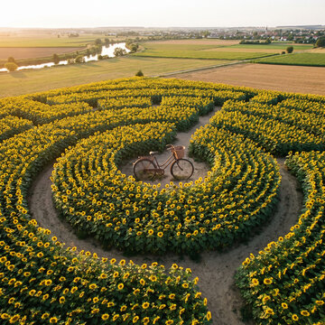 Aerial view of a maze carved through towering sunflower fields, vintage bi-plane flying overhead