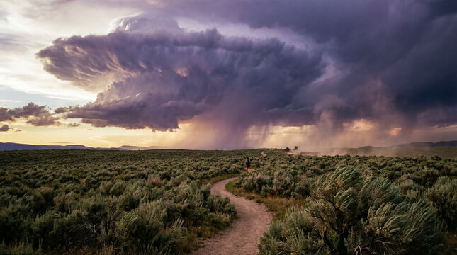Distant thunderhead building over a serpentine trail cutting through sagebrush, storm brewing ahead