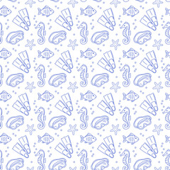 Seamless pattern with diving masks, fins, fish and seahorses in blue line style on white background. Outline diving print.  © JanelipArt