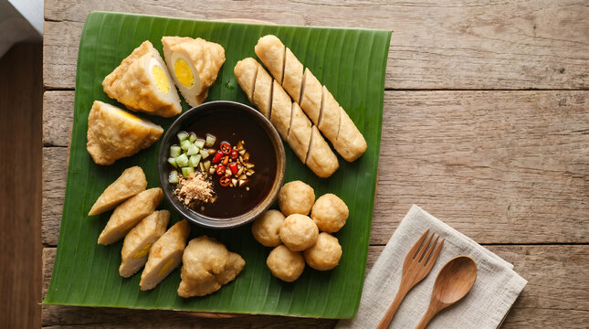 Top view assortment of authentic pempek Palembang varieties for food blogs, restaurant banners, tourism campaigns, culinary education, and Southeast Asian cuisine promotions.