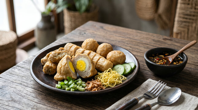 Authentic pempek Palembang with cuko sauce in realistic food photography style for culinary marketing, tourism campaigns, restaurant menus, and Indonesian food promotions.