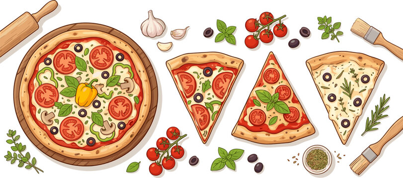 Pizza Collection with Whole Pie and Slices Toppings Ingredients Italian Food Illustration Set for Menu Restaurant Design Vector