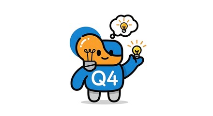 Fototapeta premium Character mascot stands with a Q4 logo while holding a glowing lightbulb to represent a bright business idea.