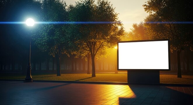 A blank billboard stands on a street corner at dusk with trees and a streetlight.