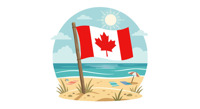 Vector illustration of canadian flag on summer beach vacation scene