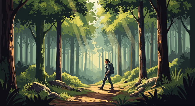 A hiker walks on a path through a sun-dappled forest, surrounded by tall trees and lush greenery, evoking a sense of adventure and tranquility