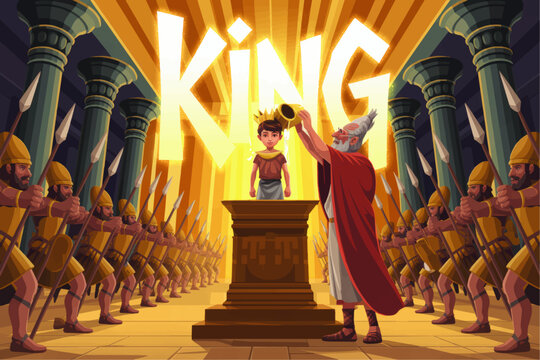 Epic cartoon coronation of young king in ancient palace with priest anointing boy ruler, golden light rays and royal guards