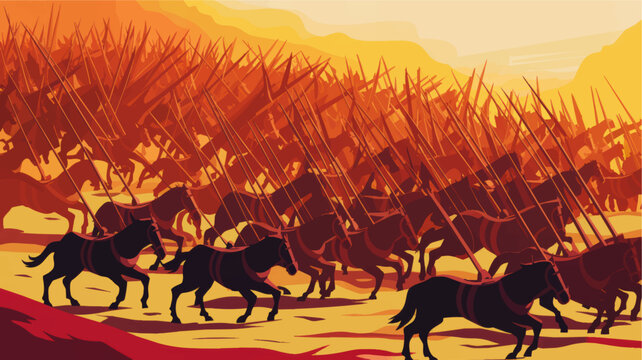 Epic medieval cavalry charge at sunset, dramatic horse army battle illustration with spears, orange battlefield landscape