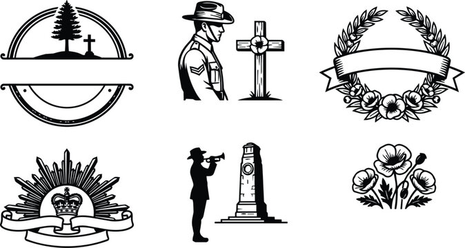 Black and white memorial symbols set soldier bugler cross poppy wreath obelisk crown ribbon vector art