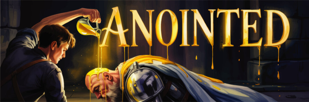 Epic fantasy illustration of young man anointing kneeling knight with golden oil, glowing typography reading ANOINTED in dark medieval hall