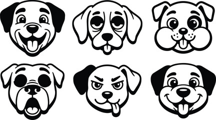 Fototapeta premium Black and white line art set six dog faces with varied expressions and tongues out