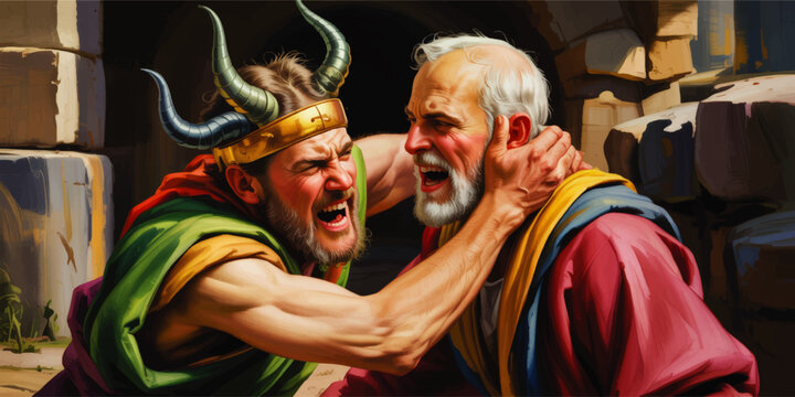 Dramatic Viking warrior choking elder man, intense ancient conflict scene, colorful digital painting illustration, historical fantasy art