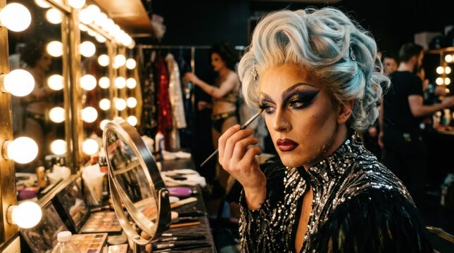 Drag Queen Applying Makeup in Dressing Room Before Performance.