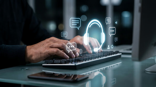 Professional customer support representative typing on a modern keyboard with glowing blue holographic headset and chat bubble icons representing digital communication services