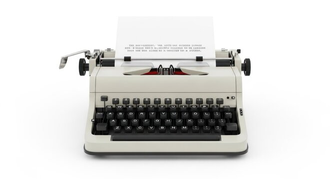 A vintage typewriter sits on a white background with a sheet of paper