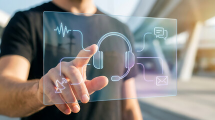 Obraz premium A male hand interacts with a futuristic digital interface displaying a headset icon with communication symbols in a blurred outdoor urban environment during the golden hour