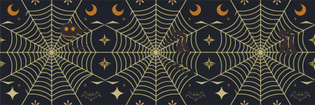 Seamless Halloween spider web pattern with spooky cats, bats, crescent moons and stars on dark night background for festive design