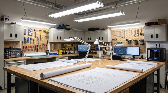 Modern engineering office with drafting tables and computers