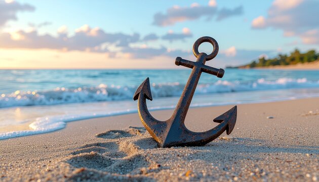 Nautical Symbol of Hope: Old Iron Anchor Placed on Shoreline during Golden Hour