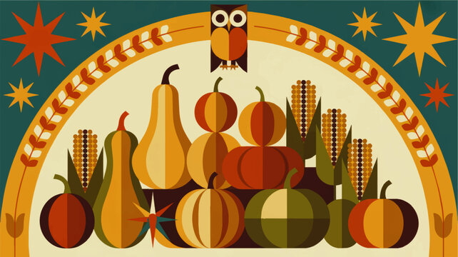 Retro folk art autumn harvest illustration with pumpkins squash corn and owl in warm geometric fall colors